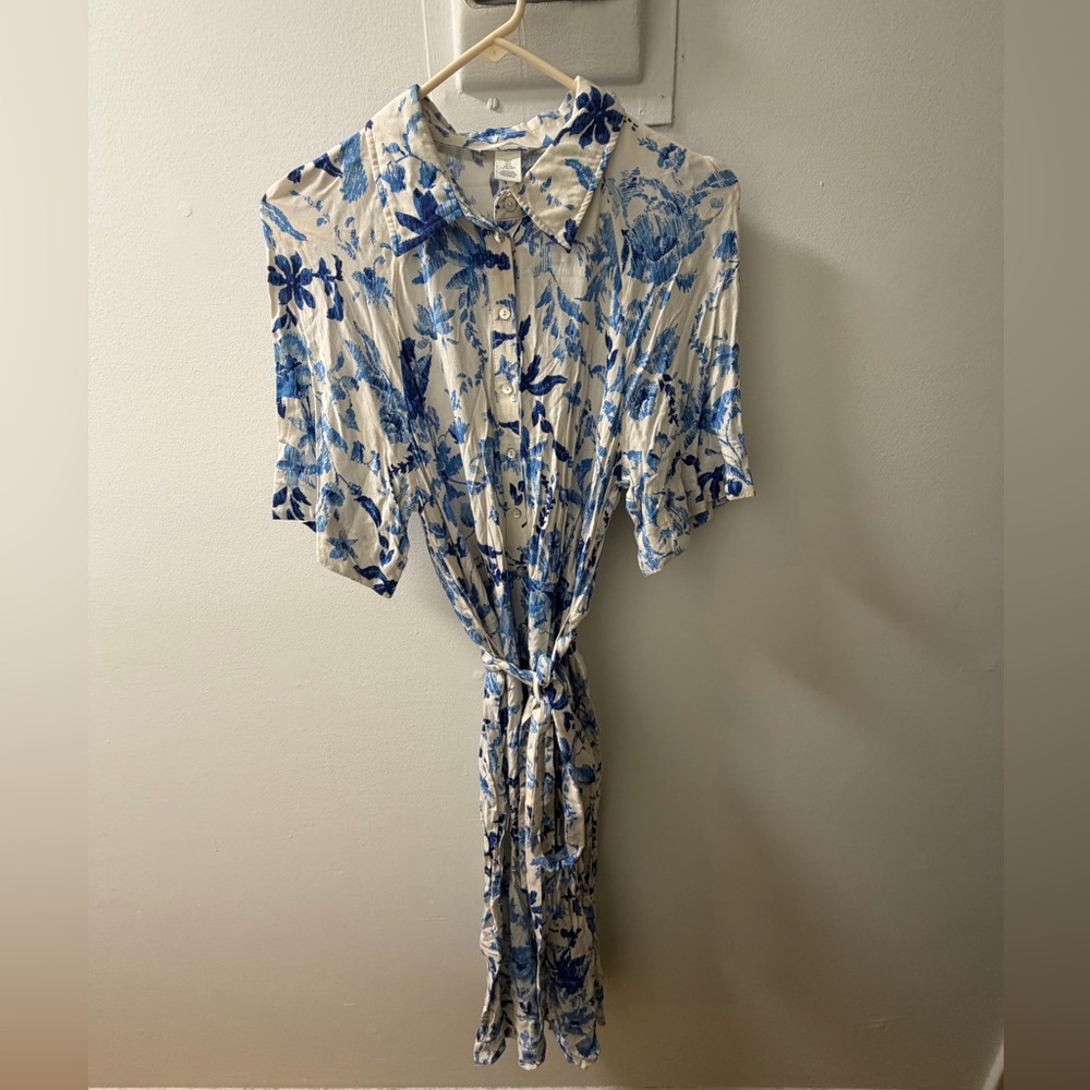 H&M Cream and Blue Floral Button-Front Maxi Dress